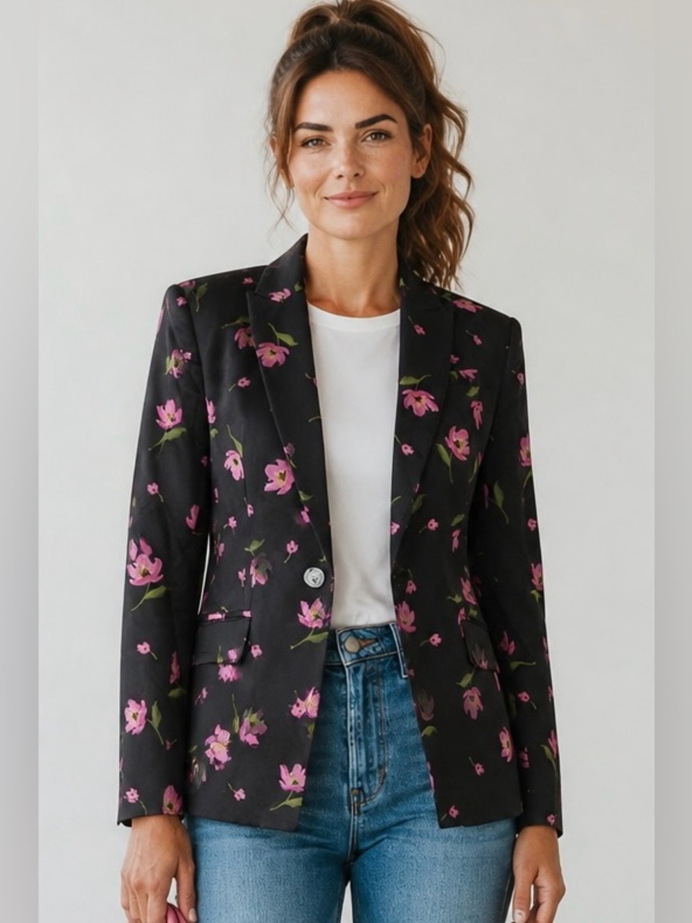 Milly Black Pink Tulip Floral Print Blazer Italian Fabric USA | Size 8